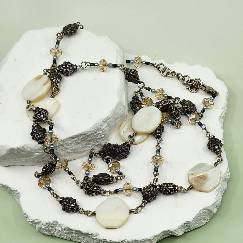 Brighton Long Necklace Mother of Pearl Crystal Beads Antiqued Silver Boho Chic